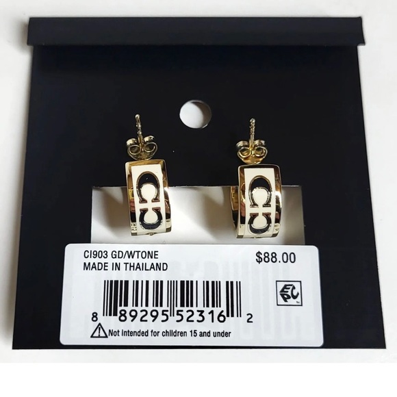 NWOT Coach Signature Enamel and Crystal Huggie Earrings Gold White Plated Brass - Picture 5 of 5